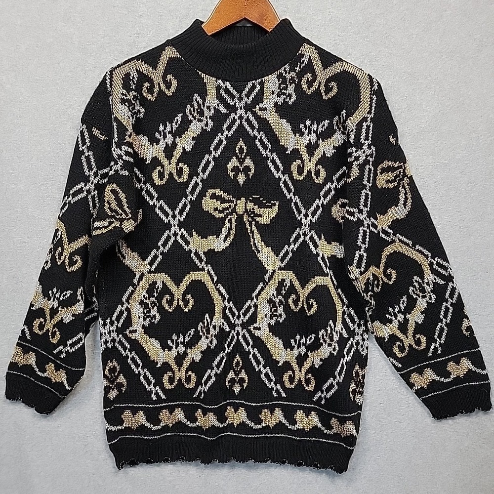 Vtg DANA SCOTT Sz S Knit Sweater Black Silver Gold Chain Hearts Coquette EUC